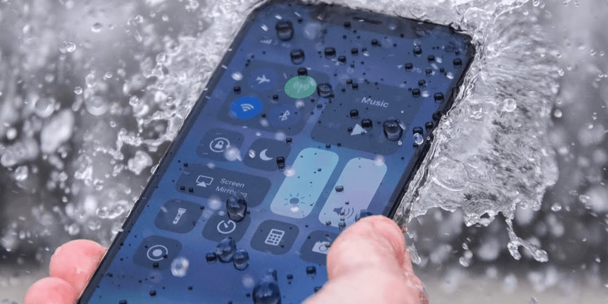 Water droplets on the iPhone's screen.