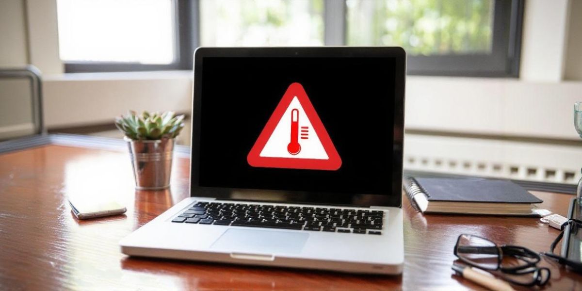 A laptop with a warning symbol of high temperature displayed on its screen, placed on a desk with a plant.