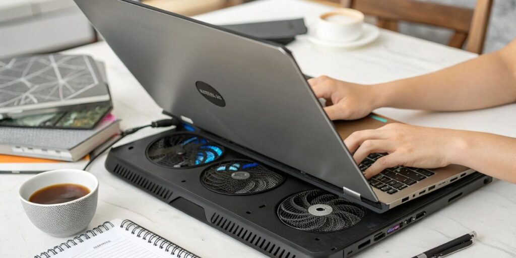 A person typing on a laptop placed on a cooling pad with multiple fans, next to a cup of coffee and notebooks.