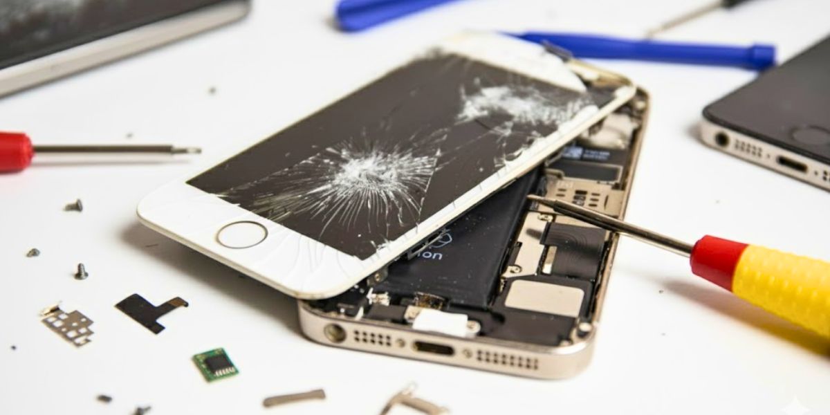 iPhone repair with cracked screen and various parts on a white desk.