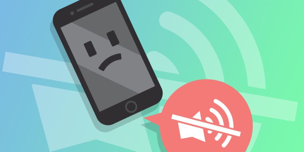 Cartoon illustration of a sad smartphone with a no sound icon on a green and blue background.
