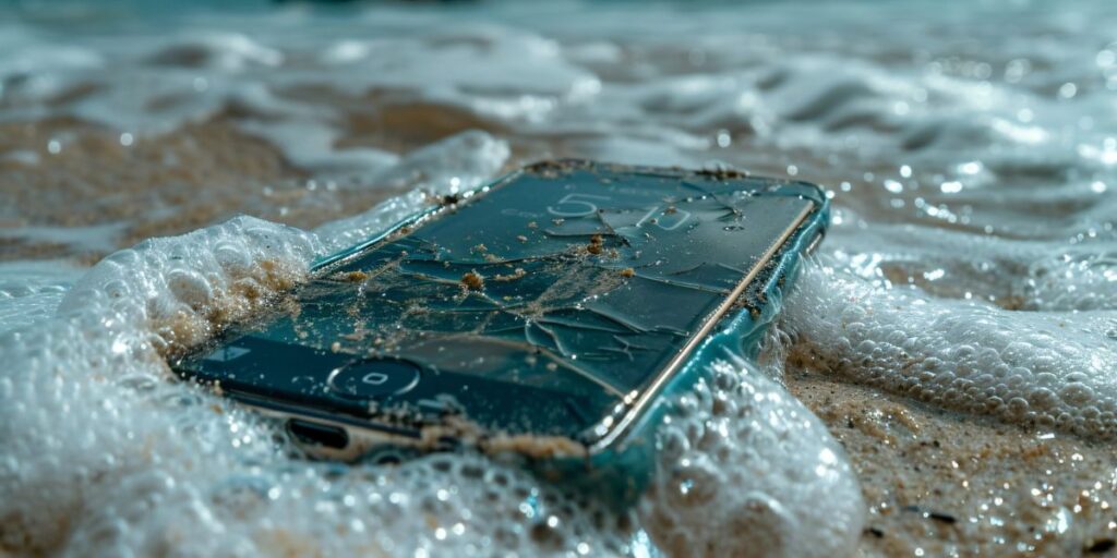 Smartphone with a cracked screen lying in the sand, being washed over by foamy seawater waves